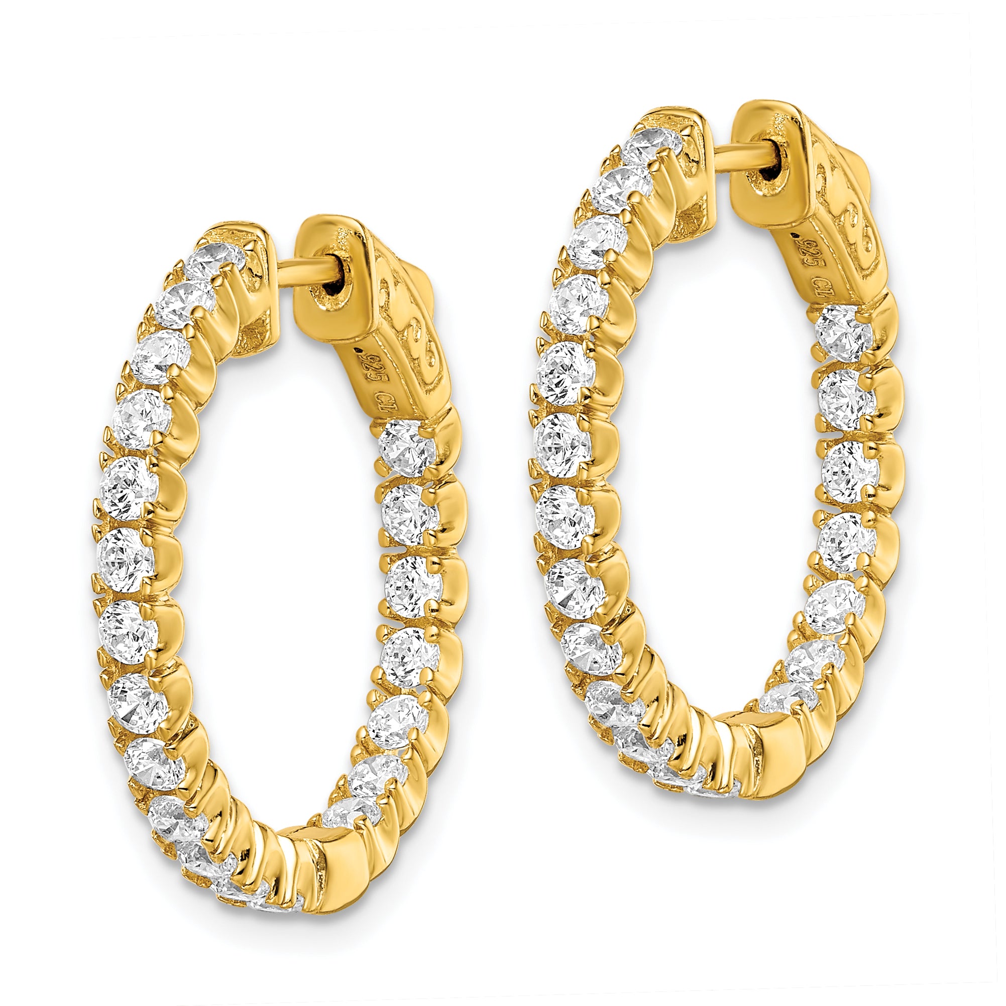 Sterling Shimmer Sterling Silver Gold-tone Flash Gold-plated 40 Stone 2.25mm CZ In and Out Round Hinged Hoop Earrings