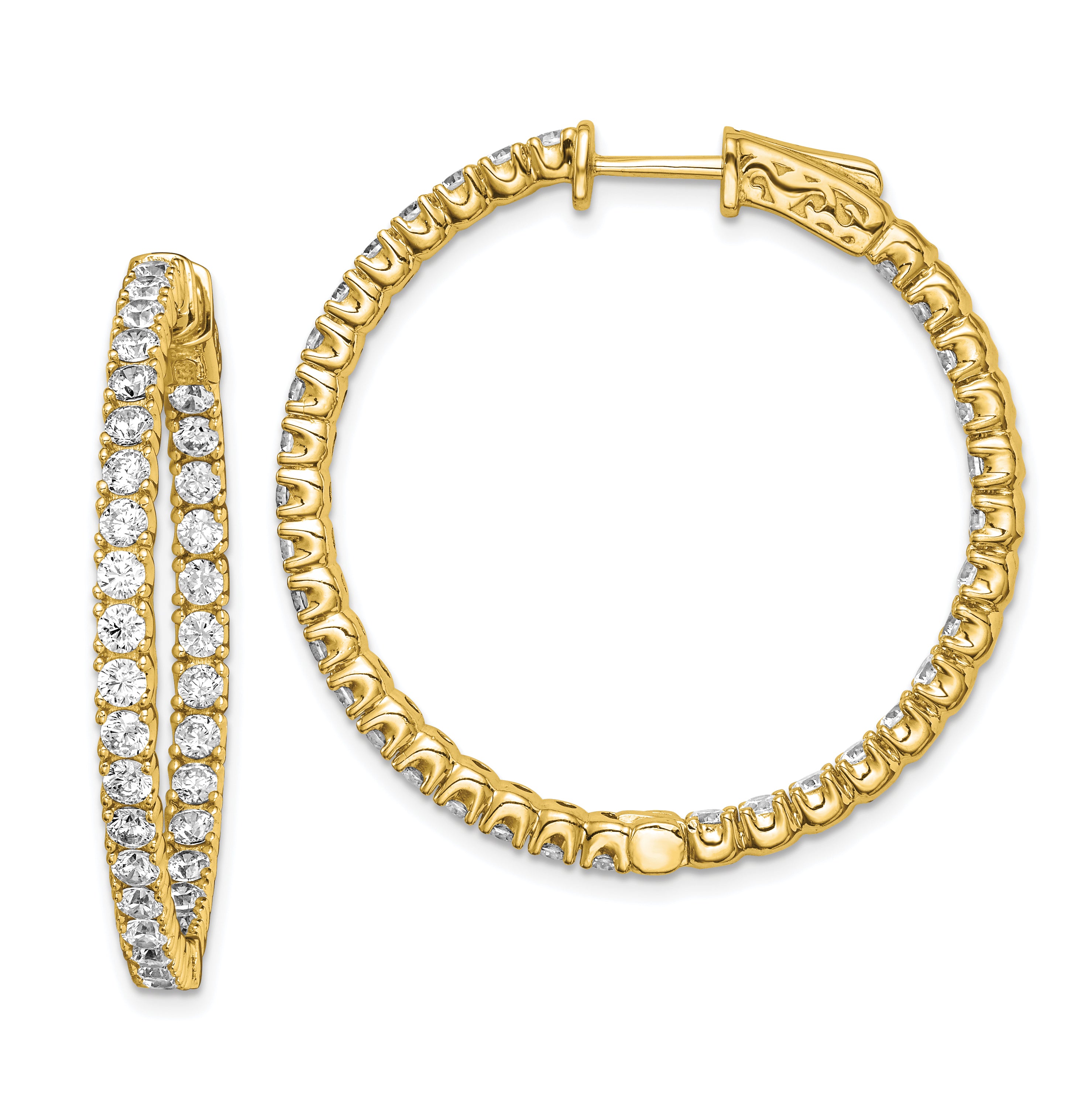 Sterling Shimmer Sterling Silver Gold-tone Flash Gold-plated 68 Stone 2.25mm CZ In and Out Round Hinged Hoop Earrings