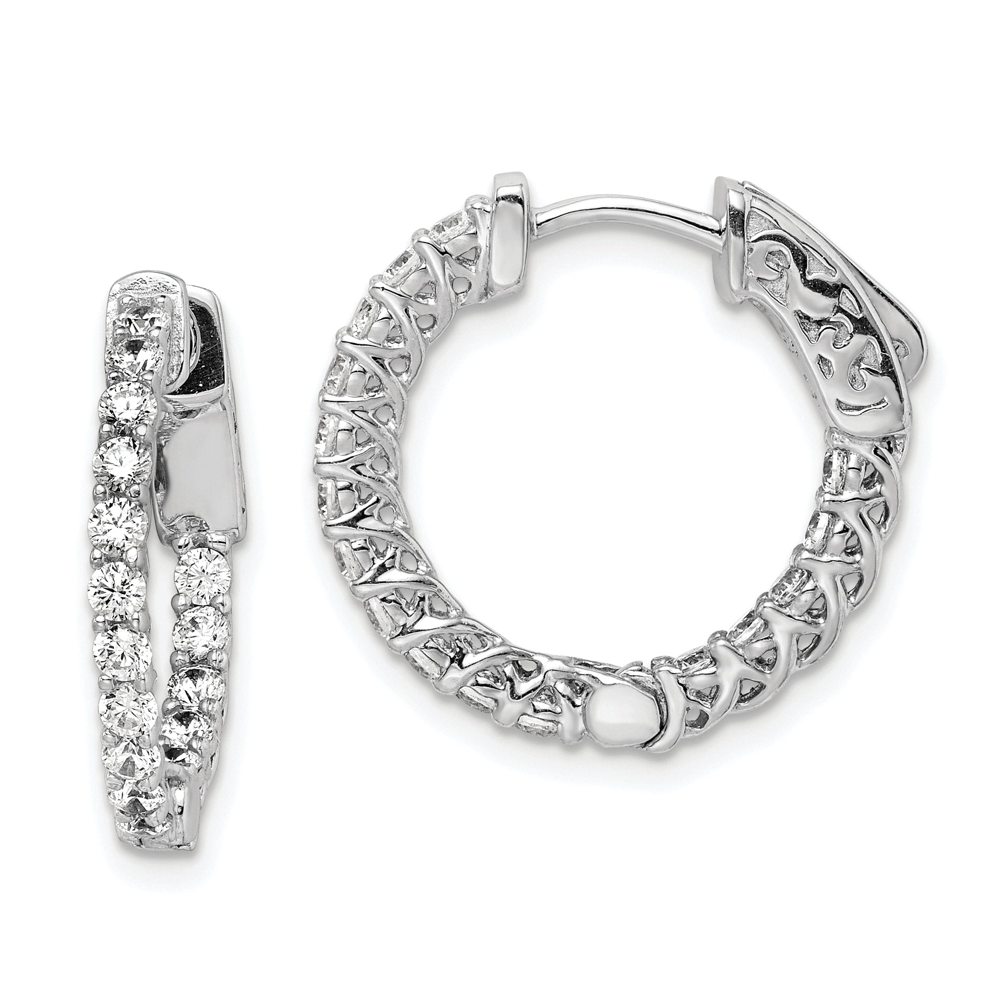 Sterling Shimmer Sterling Silver Rhodium-plated 32 Stone 2mm CZ In and Out Round Hinged Hoop Earrings