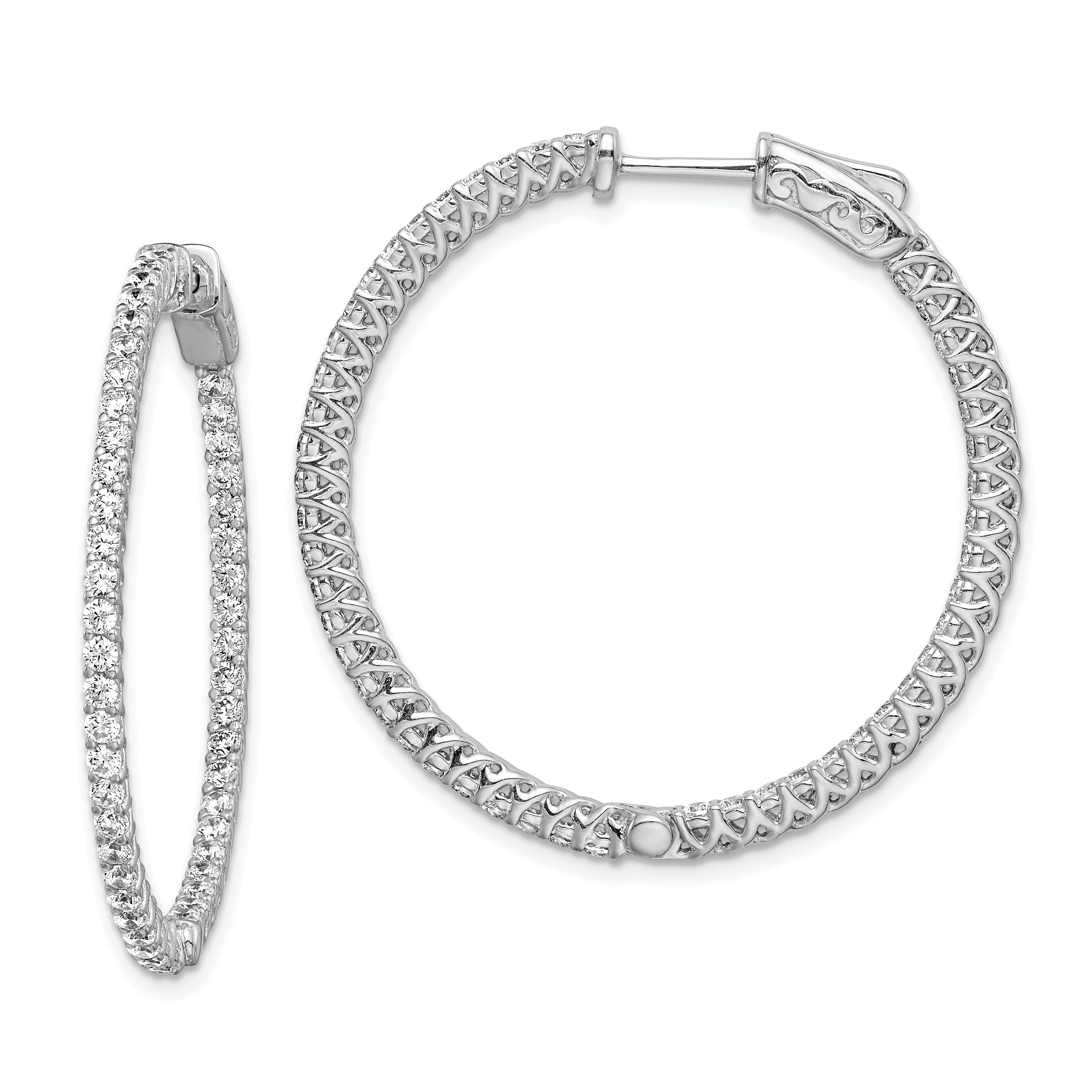 Sterling Shimmer Sterling Silver Rhodium-plated 96 Stone 1.7mm CZ In and Out Round Hinged Hoop Earrings