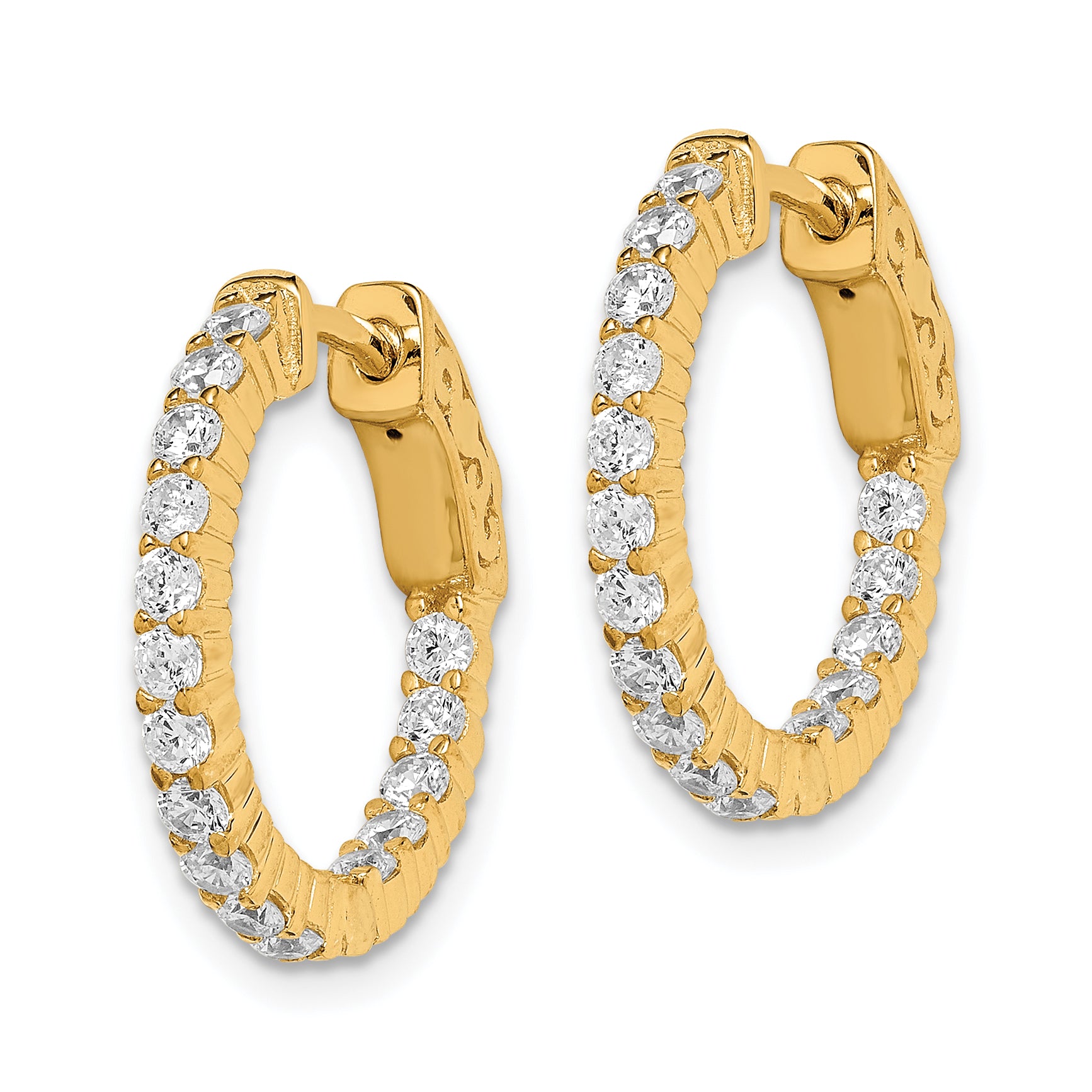 Sterling Shimmer Sterling Silver Gold-tone Flash Gold-plated 32 Stone 2.0mm CZ In and Out Round Hinged Hoop Earrings