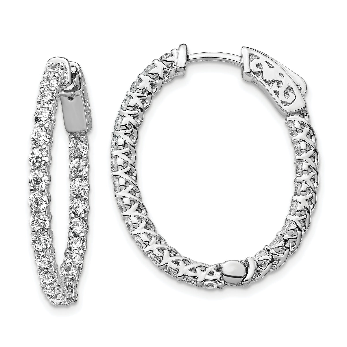 Sterling Shimmer Sterling Silver Rhodium-plated 46 Stone 2.25mm CZ In and Out Oval Hinged Hoop Earrings