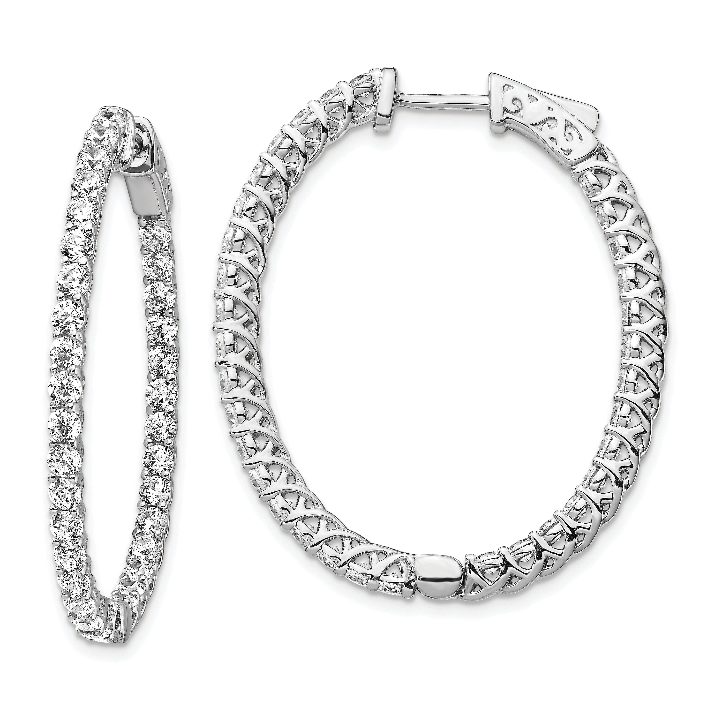 Sterling Shimmer Sterling Silver Rhodium-plated 66 Stone 2.3mm CZ In and Out Oval Hinged Hoop Earrings