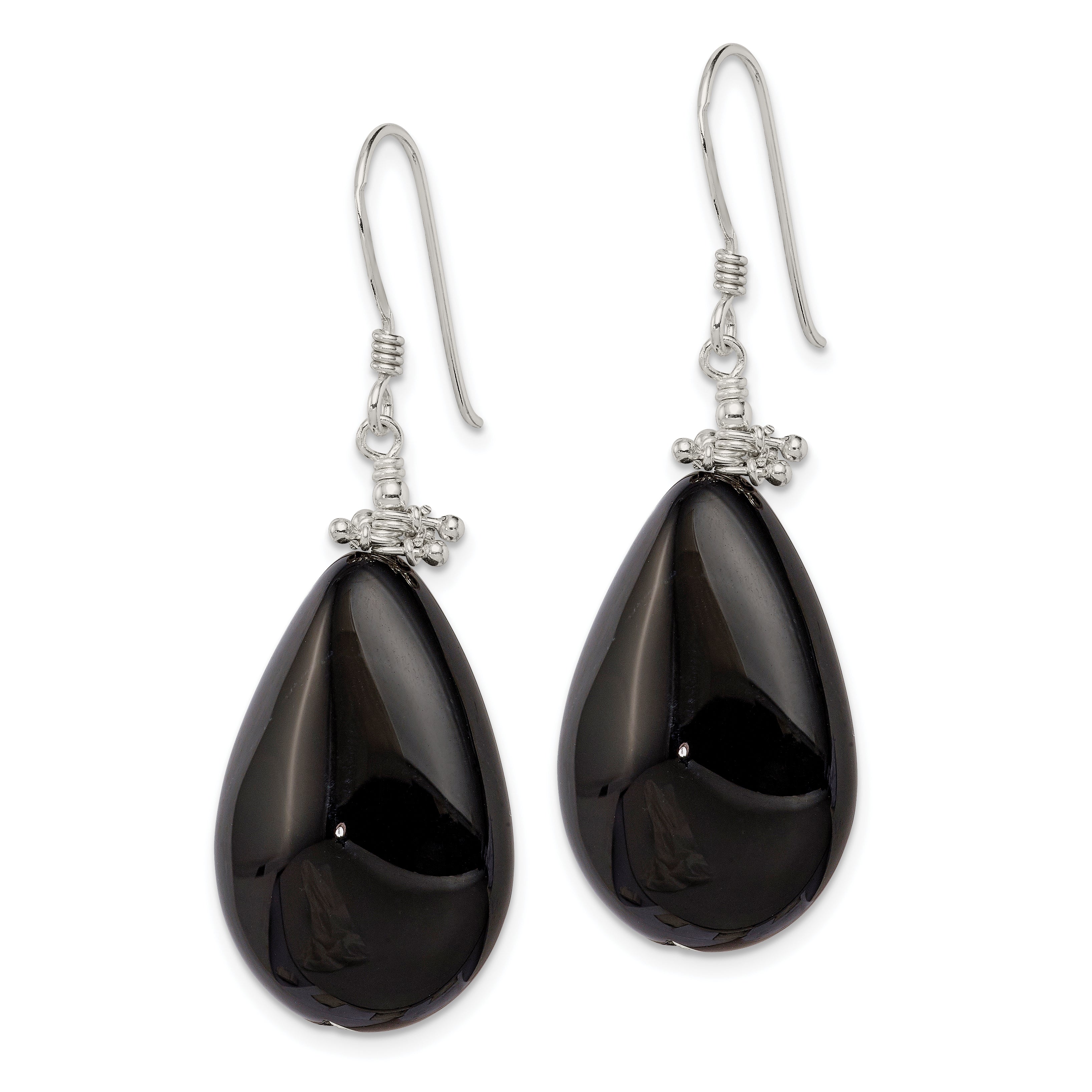 Sterling Silver Polished & Beaded Black Agate Teardrop Dangle Earrings