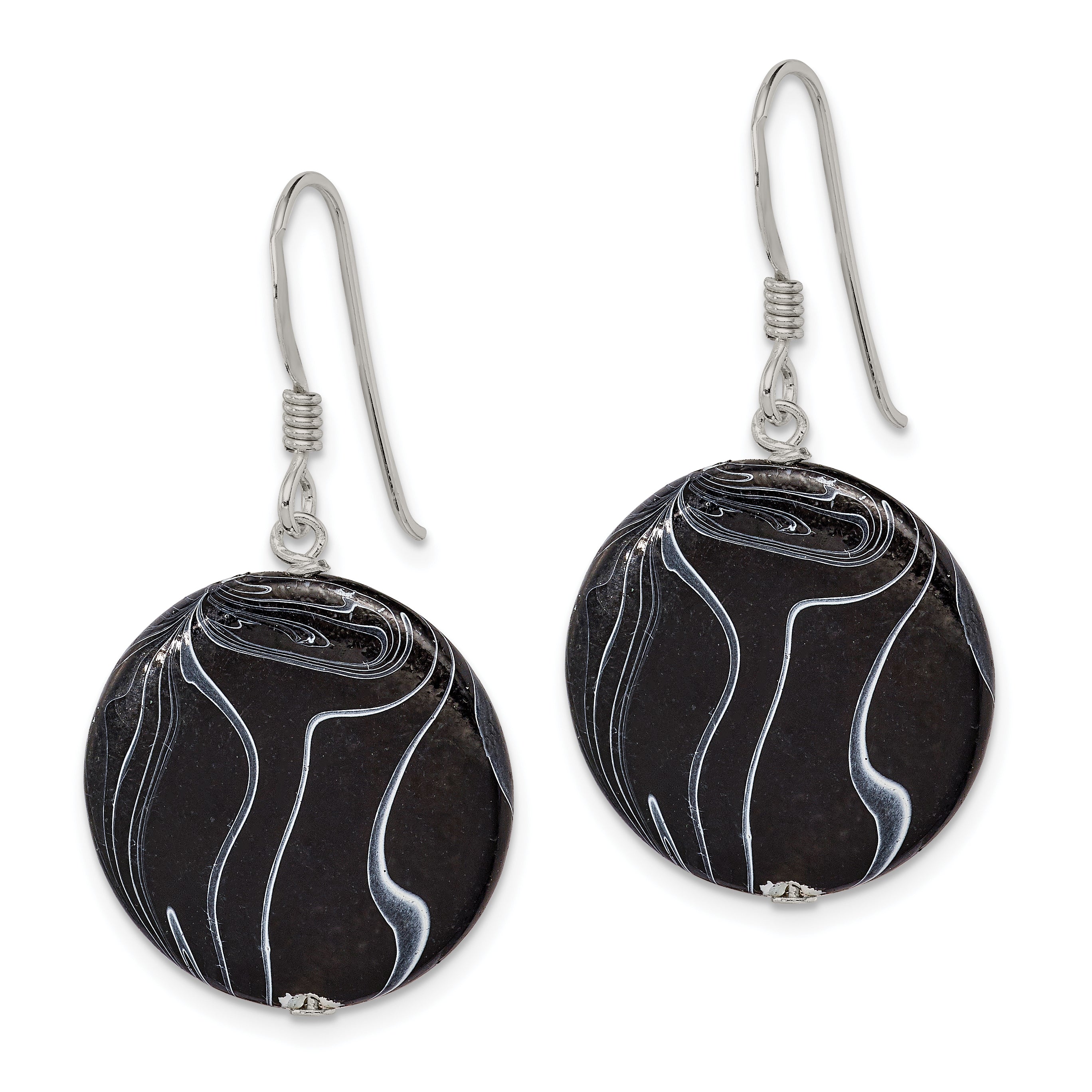 Sterling Silver Polished Black Agate Disc Dangle Earrings