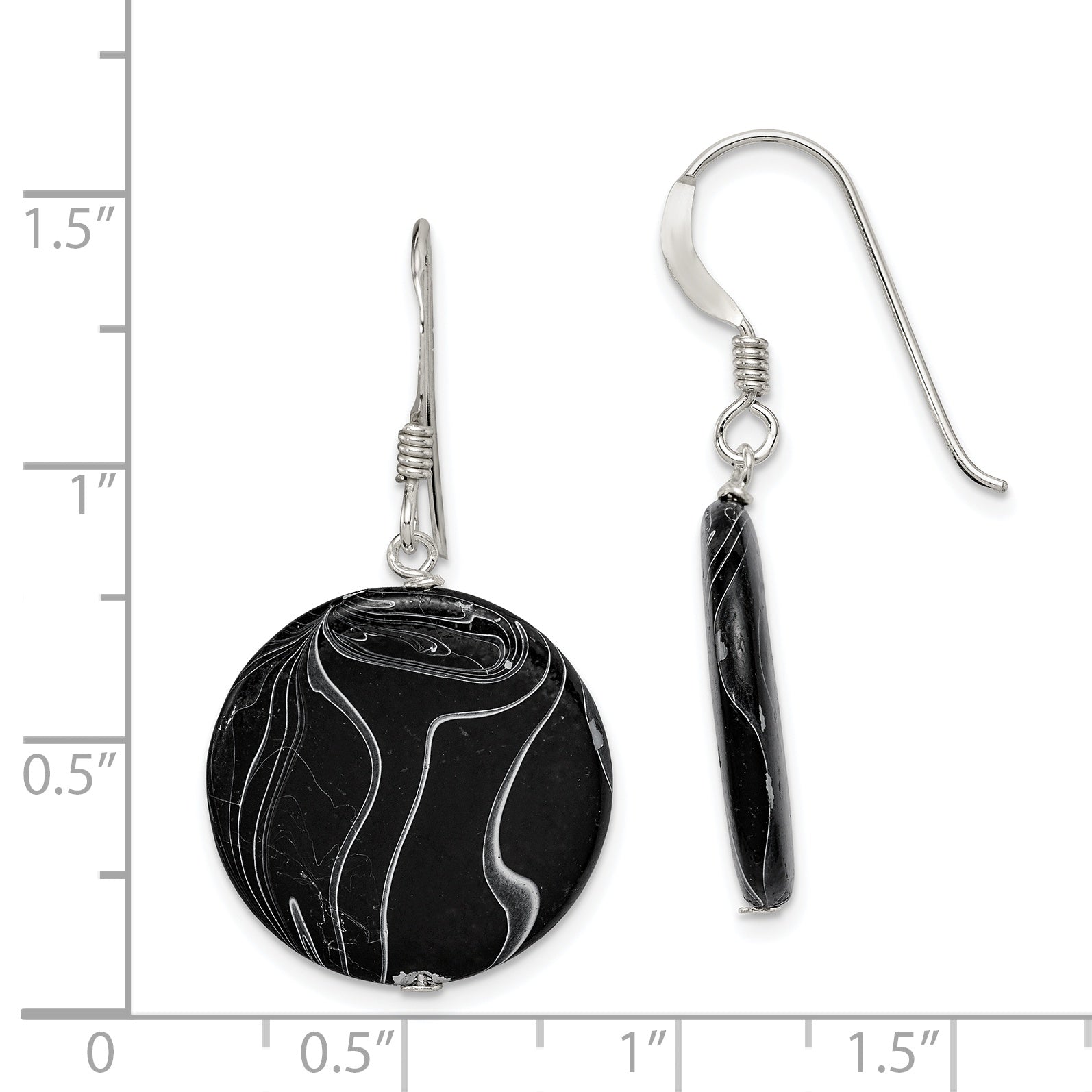 Sterling Silver Polished Black Agate Disc Dangle Earrings