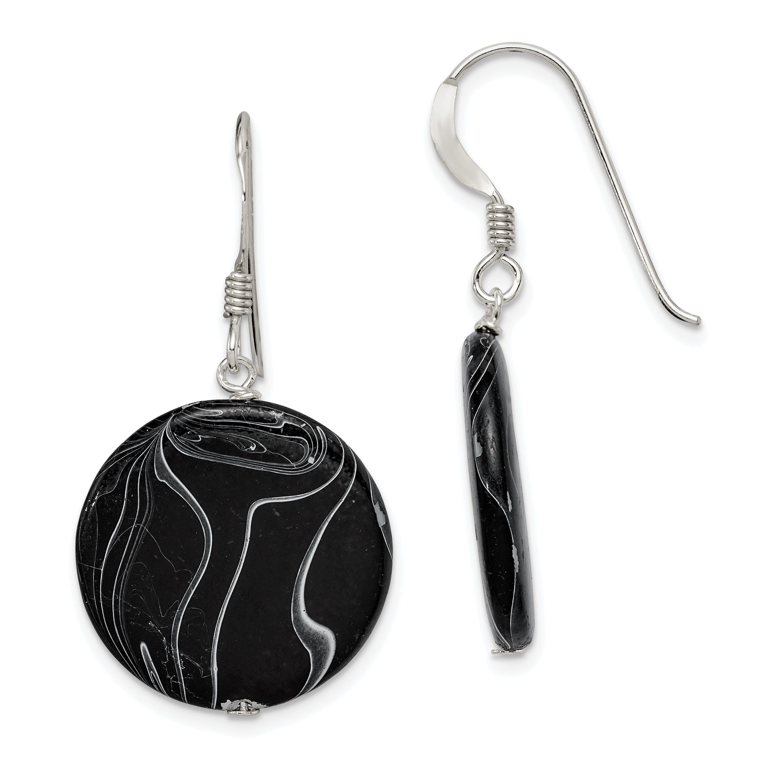 Sterling Silver Polished Black Agate Disc Dangle Earrings