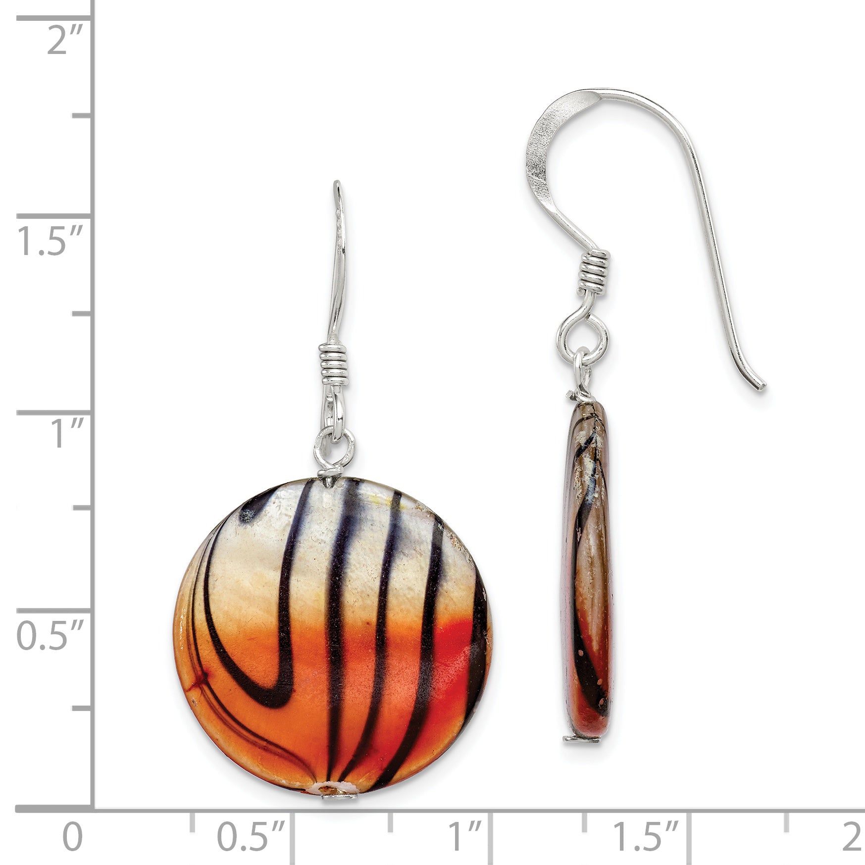 Sterling Silver Polished Orange/Black Mother of Pearl Disc Dangle Earrings