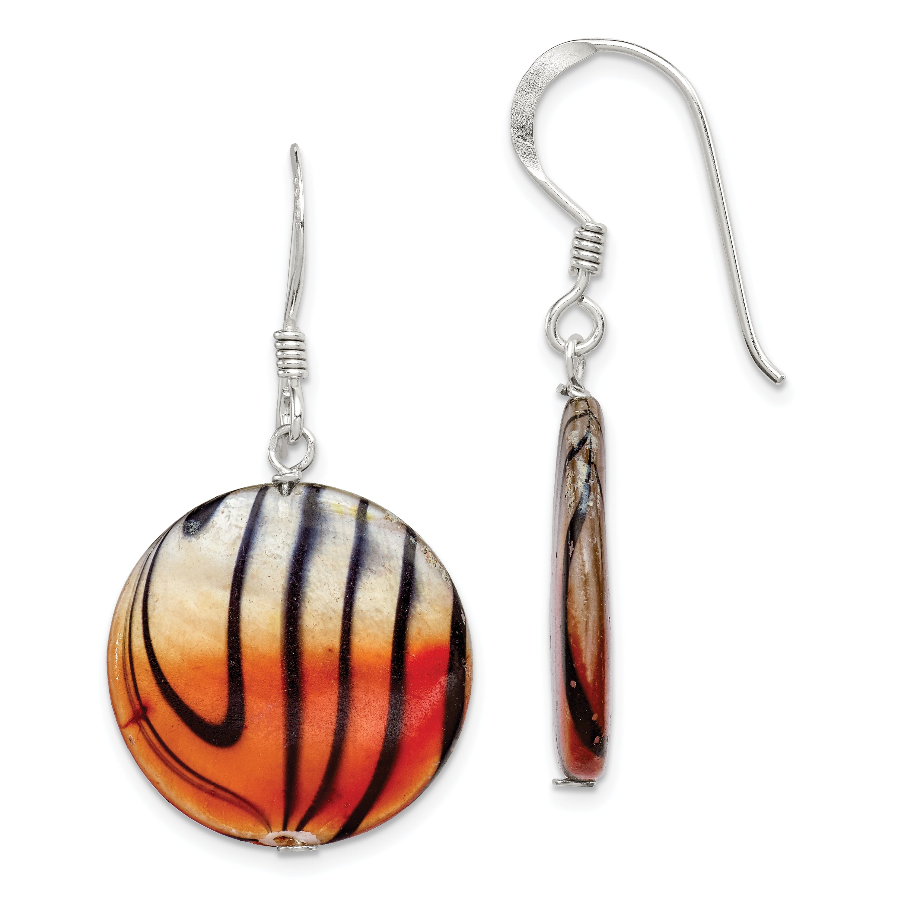 Sterling Silver Polished Orange/Black Mother of Pearl Disc Dangle Earrings