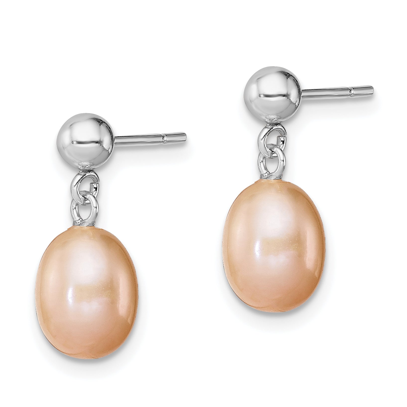 Sterling Silver Rhodium-plated Polished Pink 7-8mm Freshwater Cultured Pearl Post Dangle Earrings