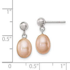 Sterling Silver Rhodium-plated Polished Pink 7-8mm Freshwater Cultured Pearl Post Dangle Earrings