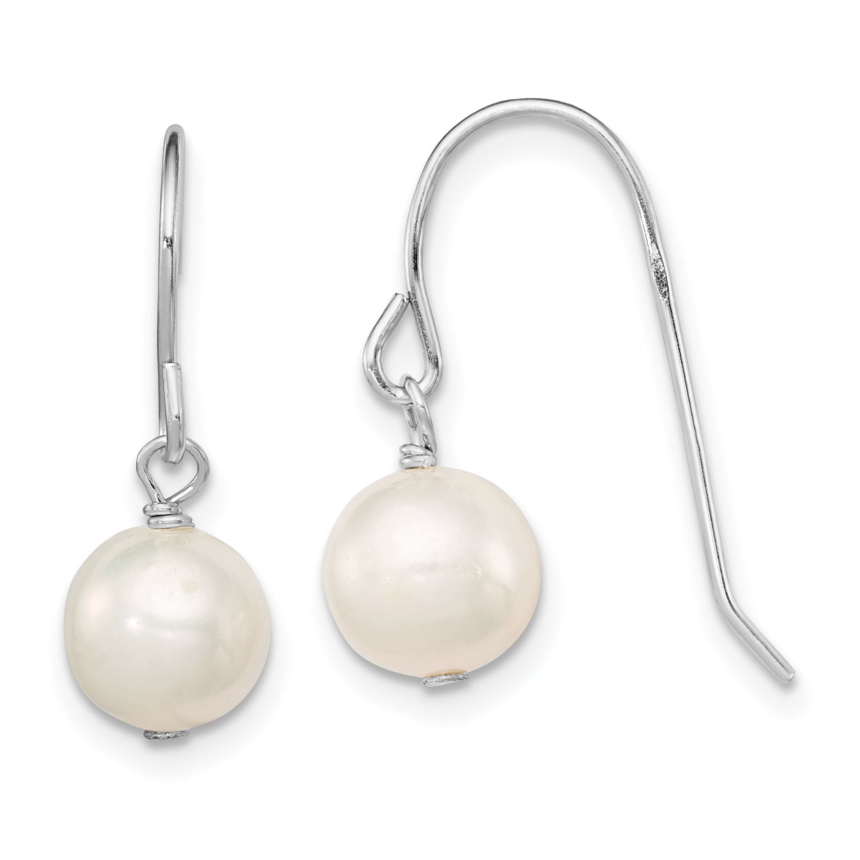 Sterling Silver Rhodium-plated Polished White 7-8mm Freshwater Cultured Pearl Dangle Earrings