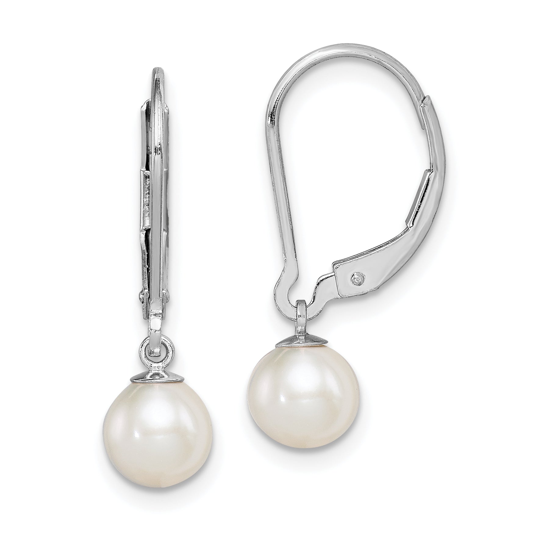 Sterling Silver Rhodium-plated Polished White 6-7mm Freshwater Cultured Pearl Leverback Dangle Earrings