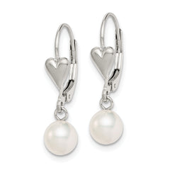 Sterling Silver Rhodium-plated Polished White 6-7mm Freshwater Cultured Pearl Heart Leverback Dangle Earrings