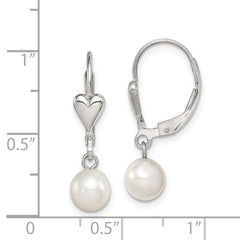 Sterling Silver Rhodium-plated Polished White 6-7mm Freshwater Cultured Pearl Heart Leverback Dangle Earrings