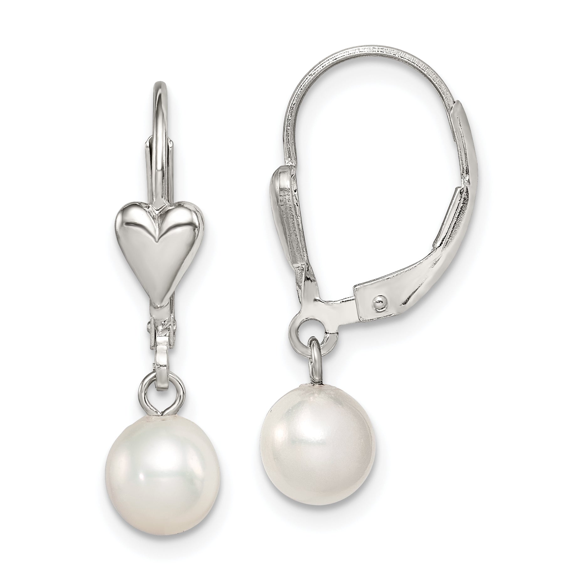 Sterling Silver Rhodium-plated Polished White 6-7mm Freshwater Cultured Pearl Heart Leverback Dangle Earrings