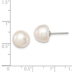 Sterling Silver Rh-plated 10-11mm White FWC Button Pearl Earrings