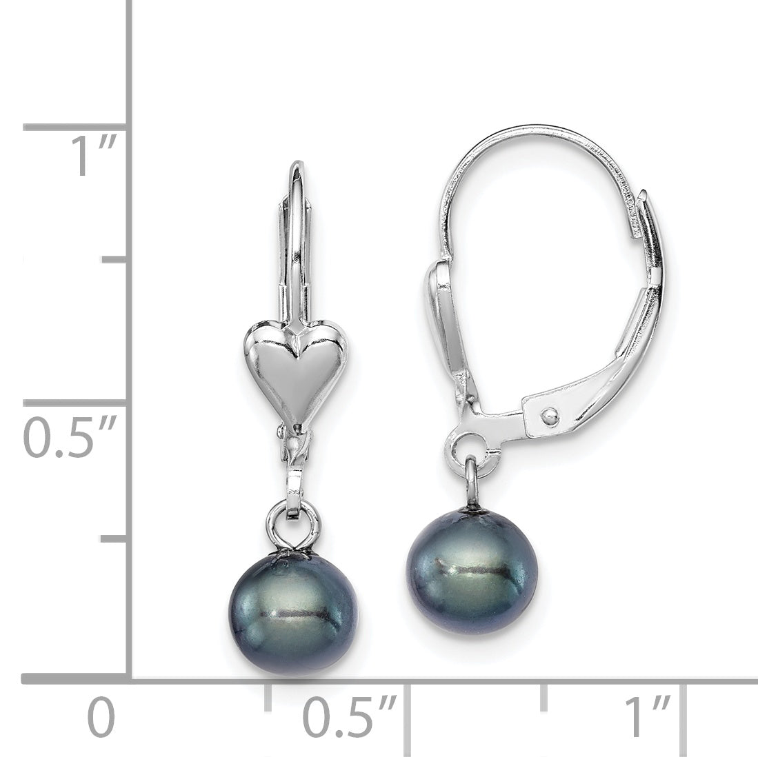 Sterling Silver Rhodium-plated Polished 6-7mm Black Freshwater Cultured Pearl Heart Leverback Dangle Earrings