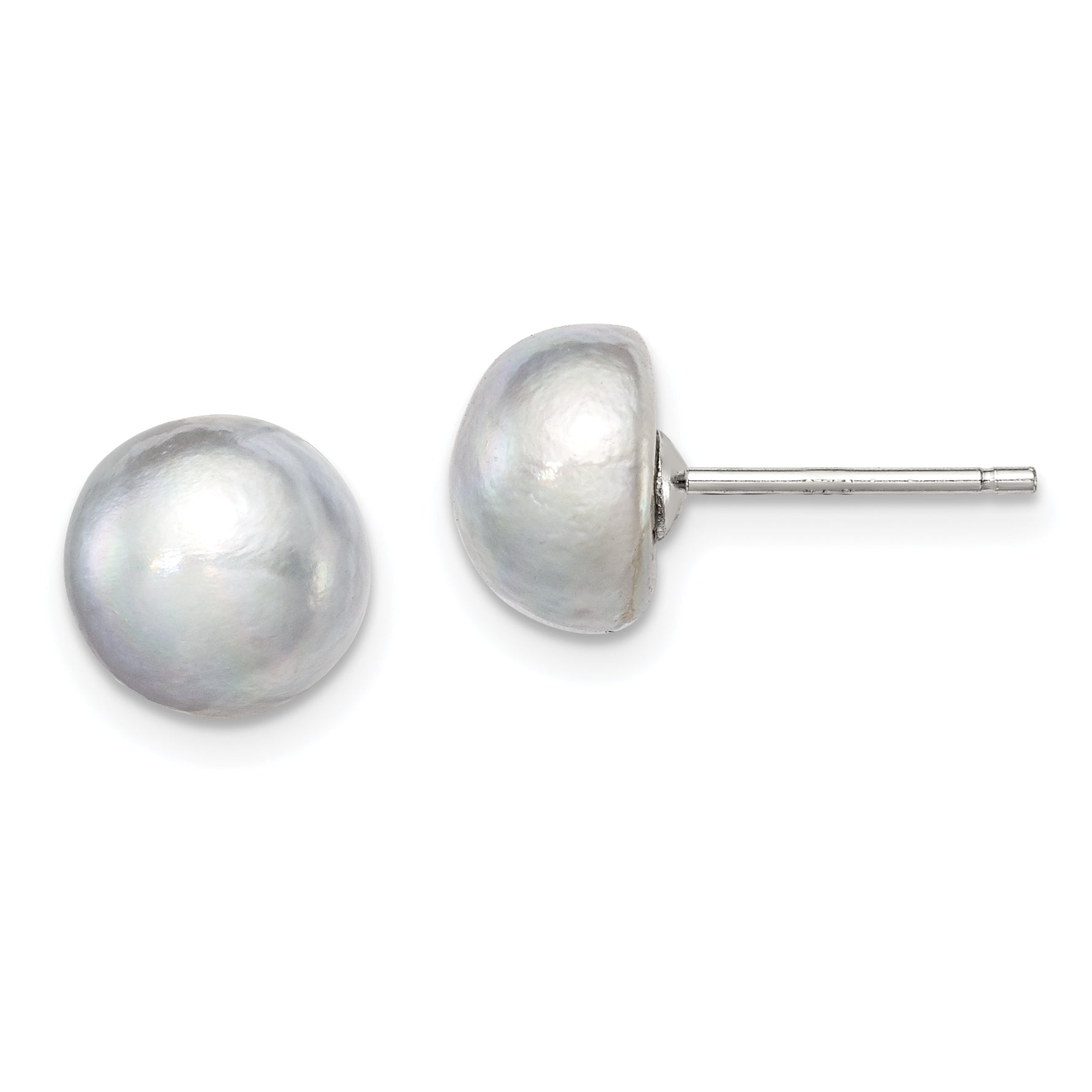 Sterling Silver Rh-plated 8-9mm Grey FW Cultured Button Pearl Stud Earrings