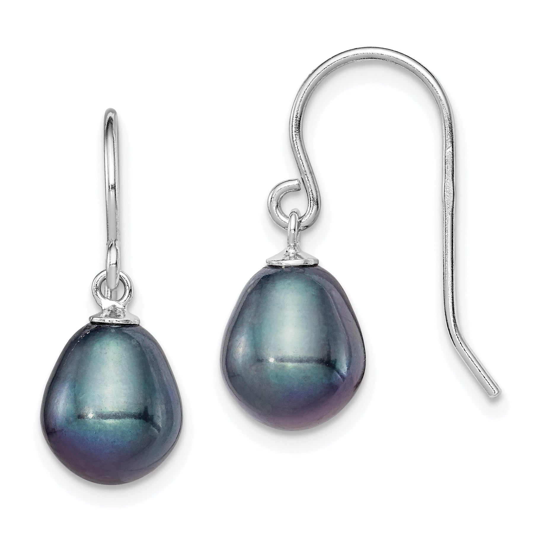 Sterling Silver Rhodium-plated Polished 8-9mm Black Freshwater Cultured Pearl Dangle Earrings