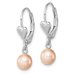 Sterling Silver Rhodium-plated Polished Pink 6-7mm Freshwater Cultured Pearl Heart Leverback Dangle Earrings