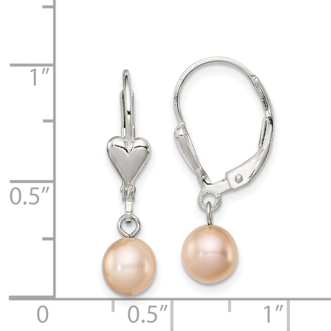 Sterling Silver Rhodium-plated Polished Pink 6-7mm Freshwater Cultured Pearl Heart Leverback Dangle Earrings