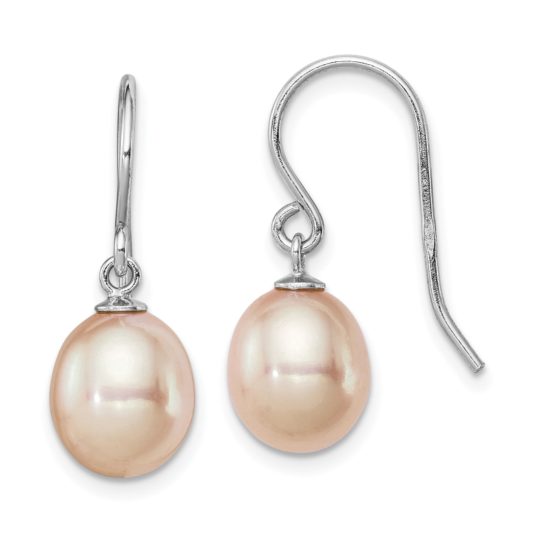 Sterling Silver Rhodium-plated Polished Pink 8-9mm Freshwater Cultured Pearl Dangle Earrings