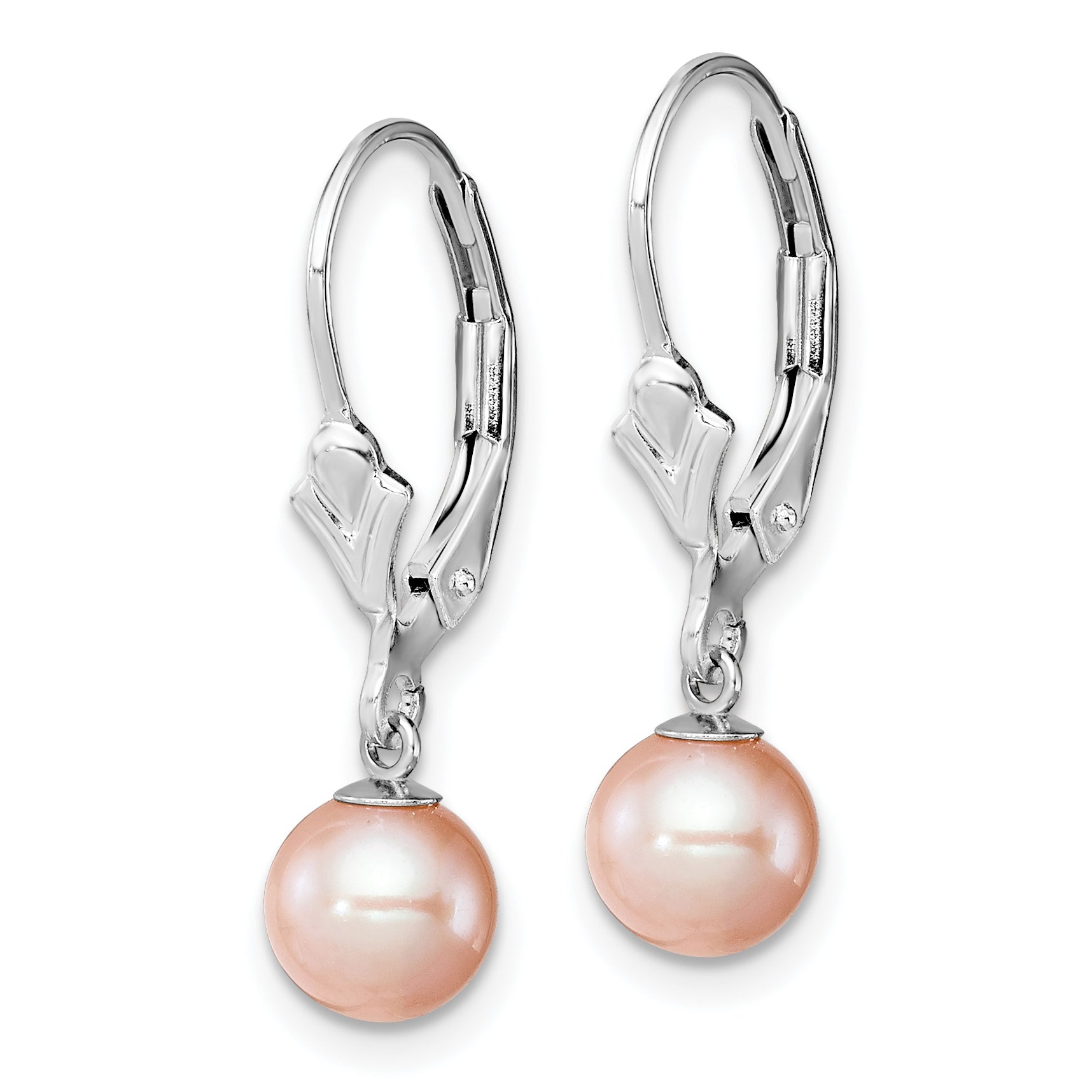 Sterling Silver Rhodium-plated Polished Pink 6-7mm Freshwater Cultured Pearl Leverback Dangle Earrings