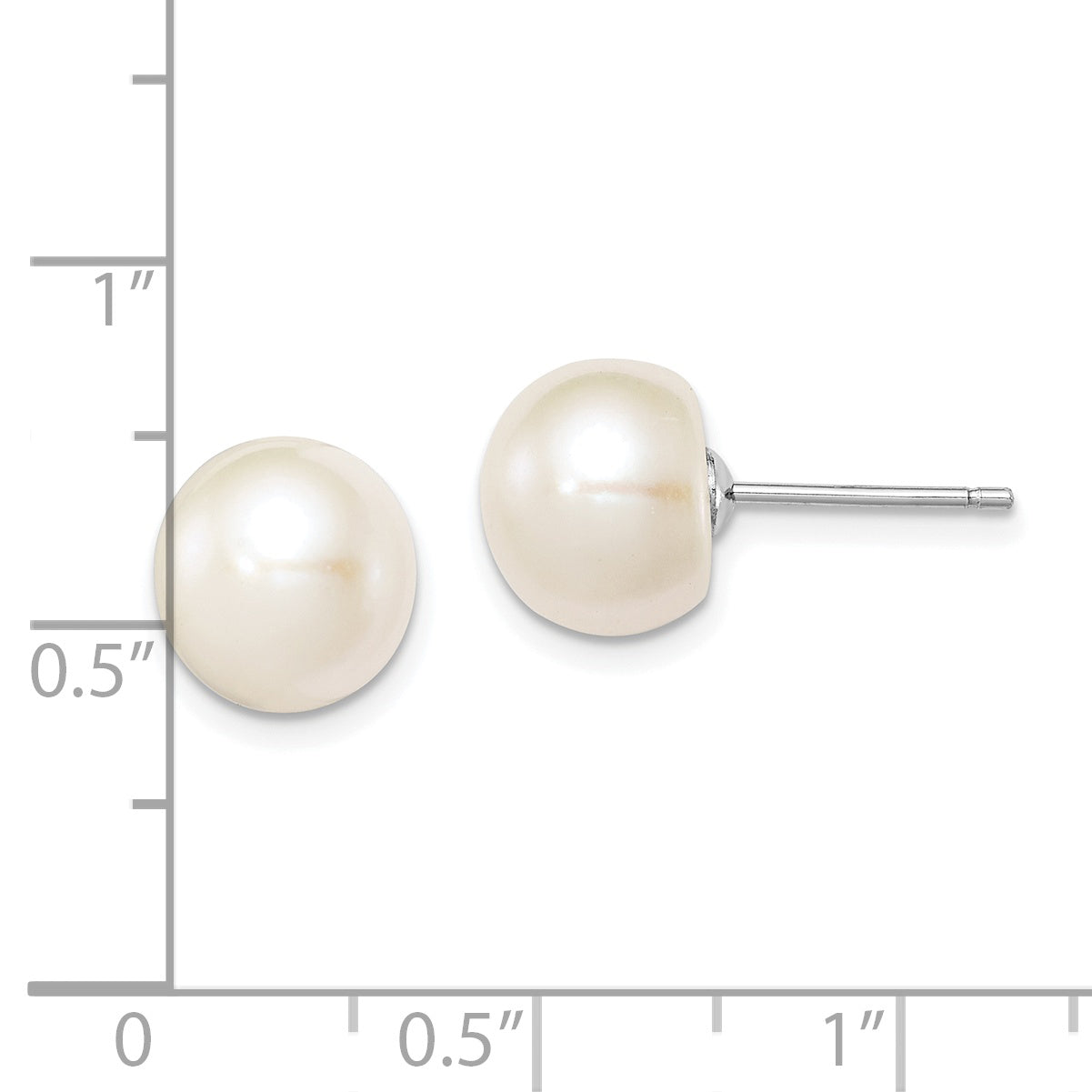 Sterling Silver Rh-plated 9-10mm White FWC Button Pearl Earrings