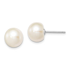 Sterling Silver Rh-plated 9-10mm White FWC Button Pearl Earrings