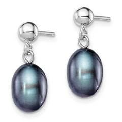 Sterling Silver Rhodium-plated Polished 7-8mm Black Freshwater Cultured Pearl Post Dangle Earrings