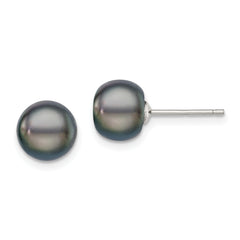 Sterling Silver Rh-plated 8-9mm Black FW Cultured Button Pearl Stud Earring