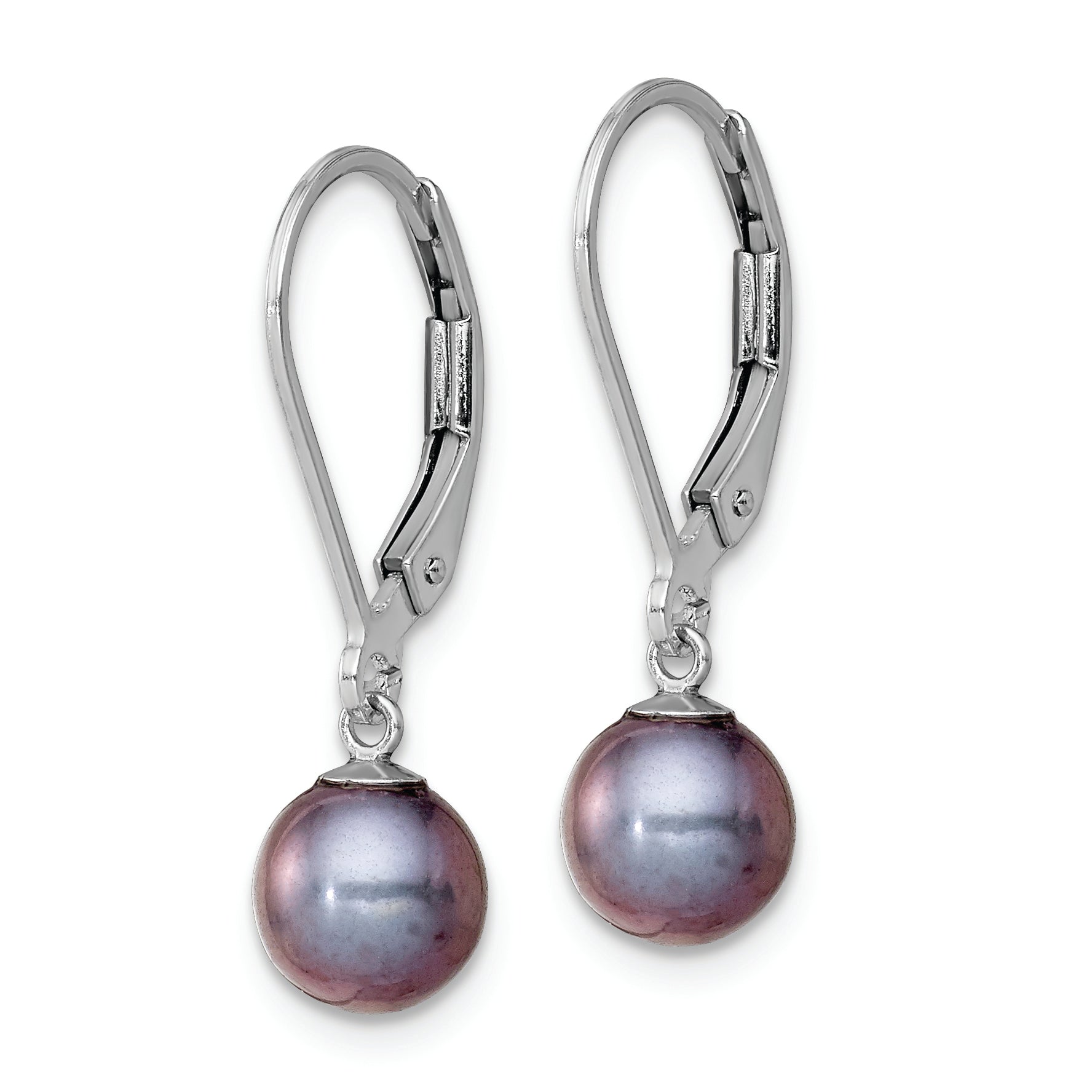 Sterling Silver Rhodium-plated Polished 6-7mm Black Freshwater Cultured Pearl Leverback Dangle Earrings