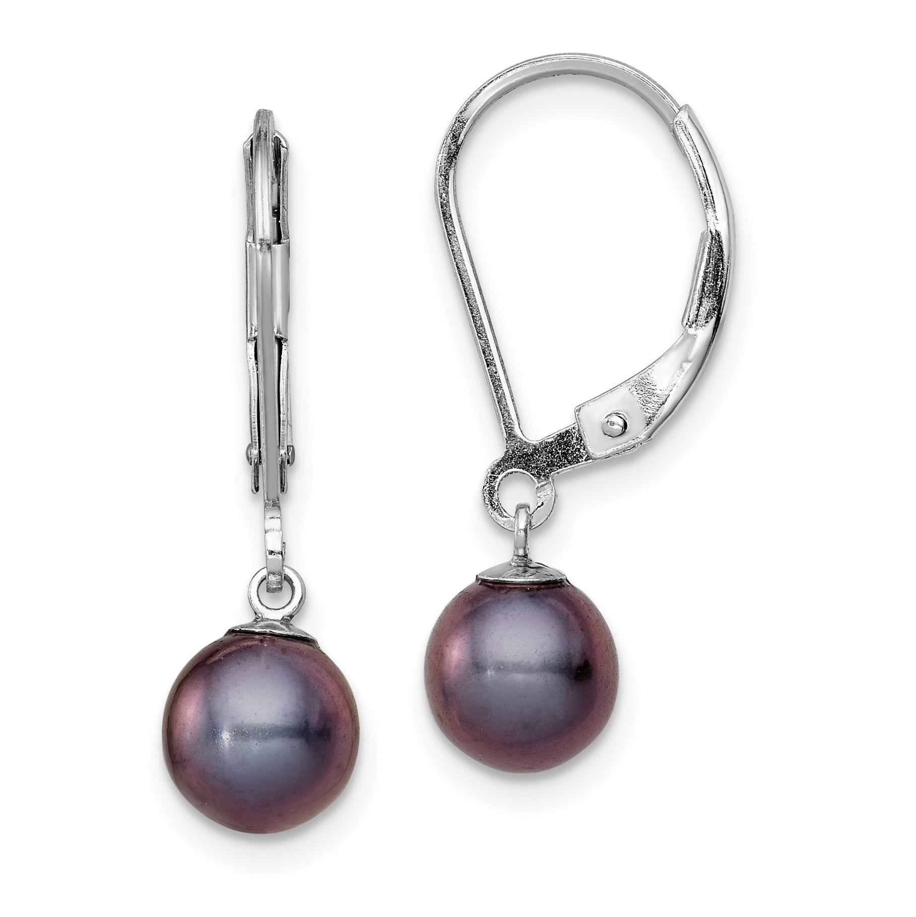 Sterling Silver Rhodium-plated Polished 6-7mm Black Freshwater Cultured Pearl Leverback Dangle Earrings