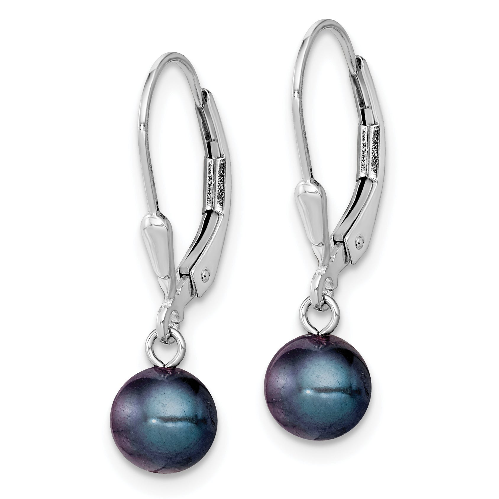 Sterling Silver Rhodium-plated Polished 6-7mm Black Freshwater Cultured Pearl Leverback Dangle Earrings