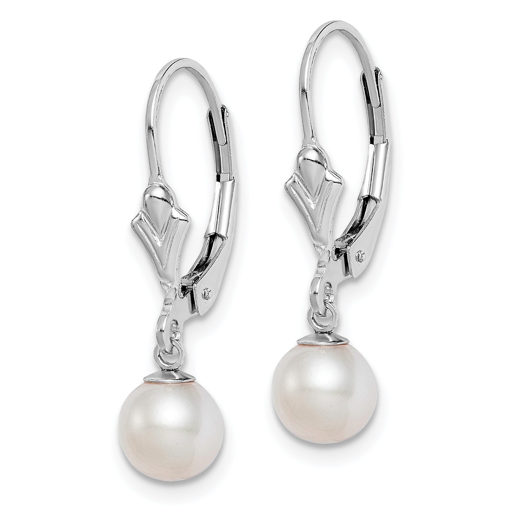 Sterling Silver Rhodium-plated Polished White 6-7mm Freshwater Cultured Pearl Leverback Dangle Earrings