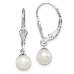 Sterling Silver Rhodium-plated Polished White 6-7mm Freshwater Cultured Pearl Leverback Dangle Earrings