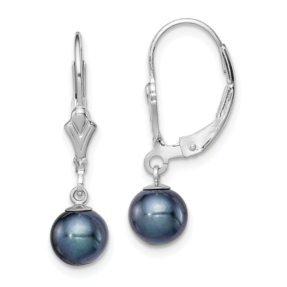 Sterling Silver Rhodium-plated Polished 6-7mm Black Freshwater Cultured Pearl Leverback Dangle Earrings