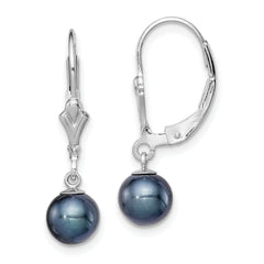 Sterling Silver Rhodium-plated Polished 6-7mm Black Freshwater Cultured Pearl Leverback Dangle Earrings