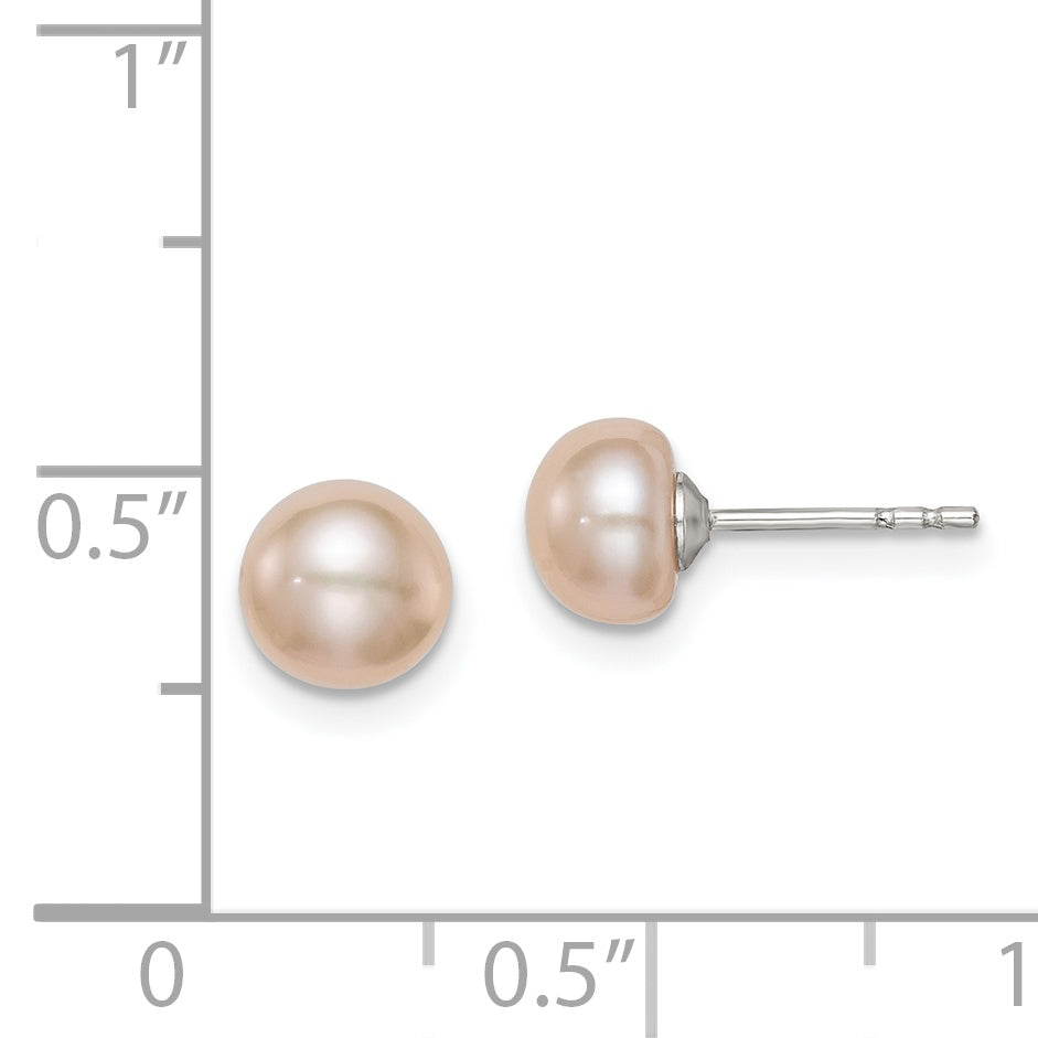 Sterling Silver RH-plated 6-7mm Pink FW Cultured Button Pearl Earrings