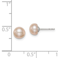 Sterling Silver RH-plated 6-7mm Pink FW Cultured Button Pearl Earrings