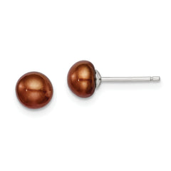 Sterling Silver Rh-plated 6-7mm Brown FW Cultured Button Pearl Stud Earring