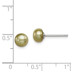 Sterling Silver Rhod-pltd Green 6-7mm Button FWC Pearl Post Earrings