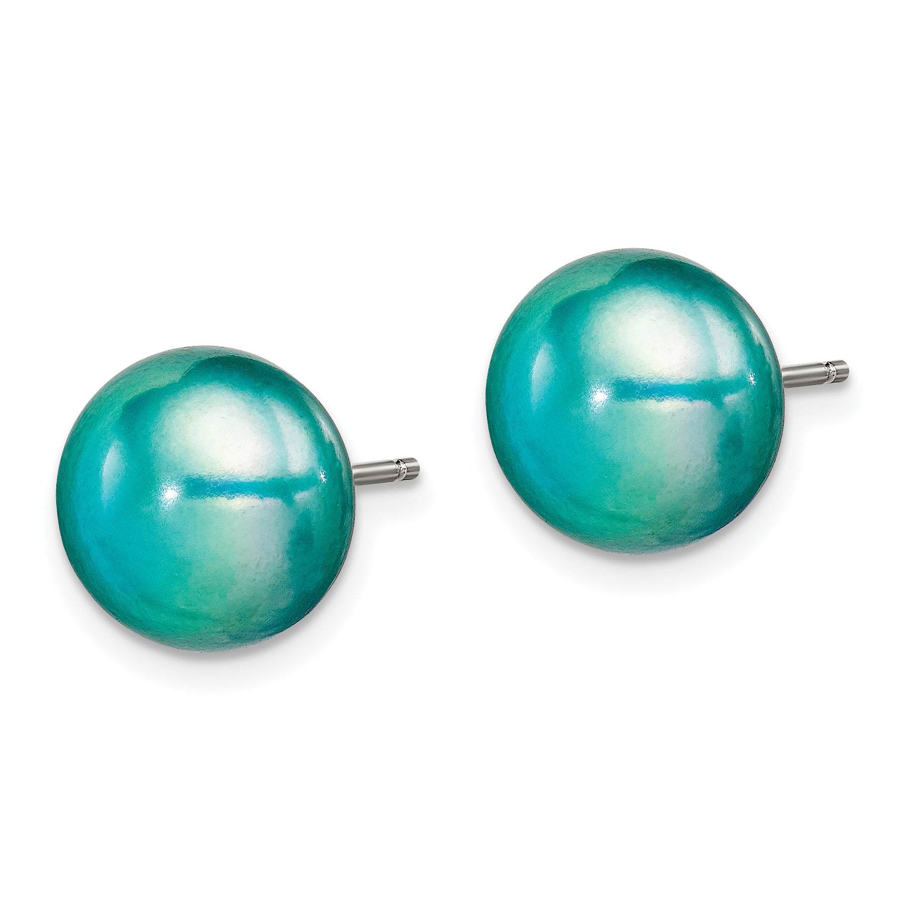 Sterling Silver Polished Teal 10-11mm Freshwater Cultured Pearl Button Post Earrings