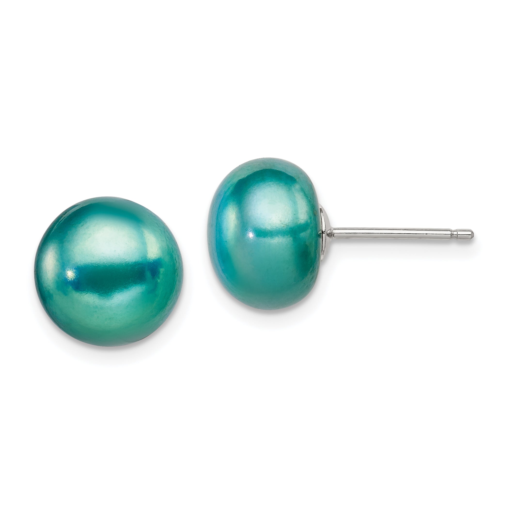 Sterling Silver Polished Teal 10-11mm Freshwater Cultured Pearl Button Post Earrings