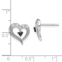 White Night Sterling Silver Rhodium-plated Black and White Diamond Heart Post Earrings