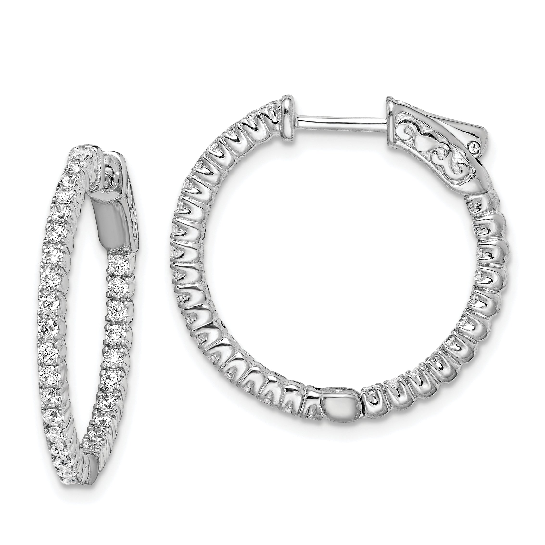 Sterling Shimmer Sterling Silver Rhodium-plated 60 Stone 1.5mm CZ In and Out Round Hinged Hoop Earrings