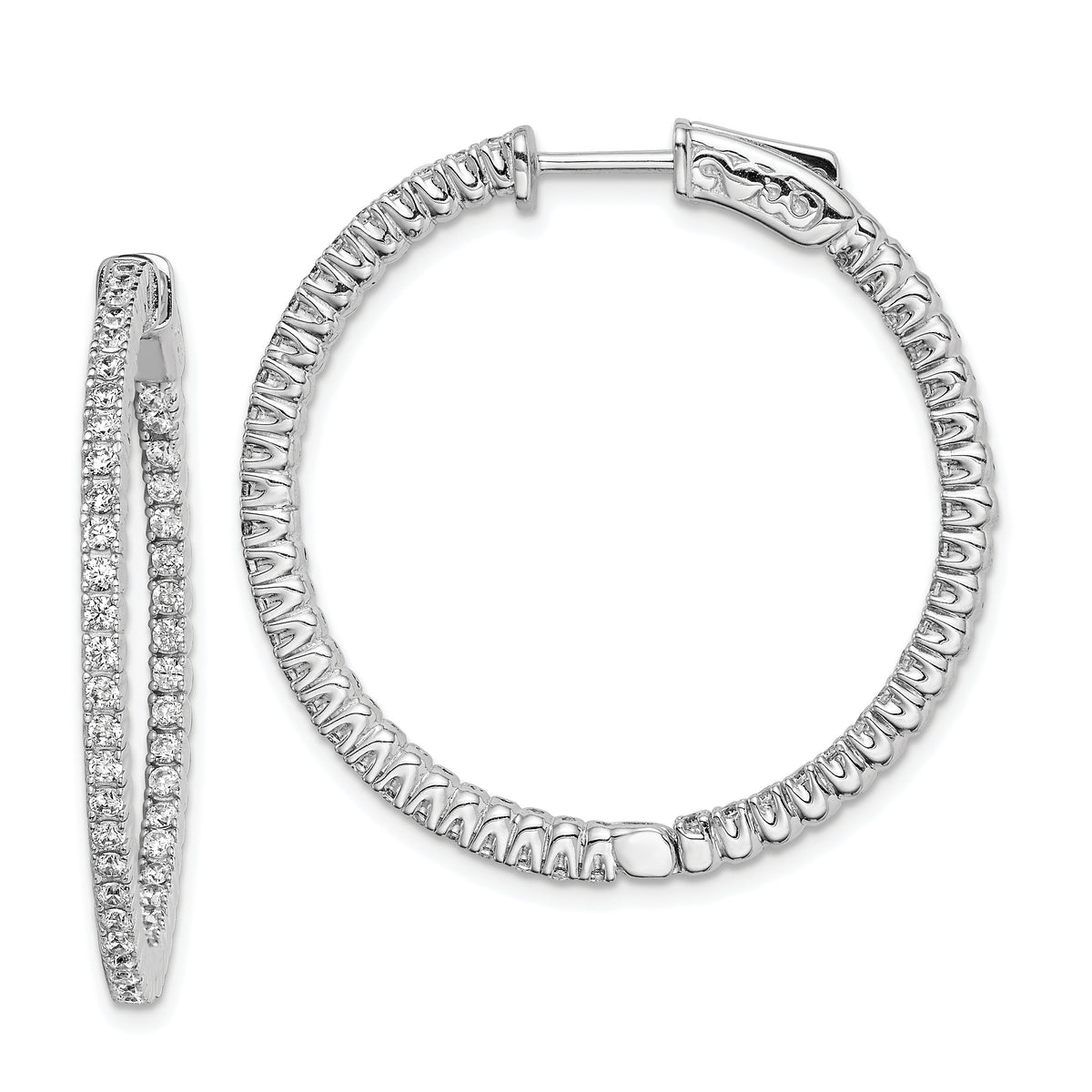 Sterling Shimmer Sterling Silver Rhodium-plated 94 Stone 1.5mm CZ In and Out Round Hinged Hoop Earrings