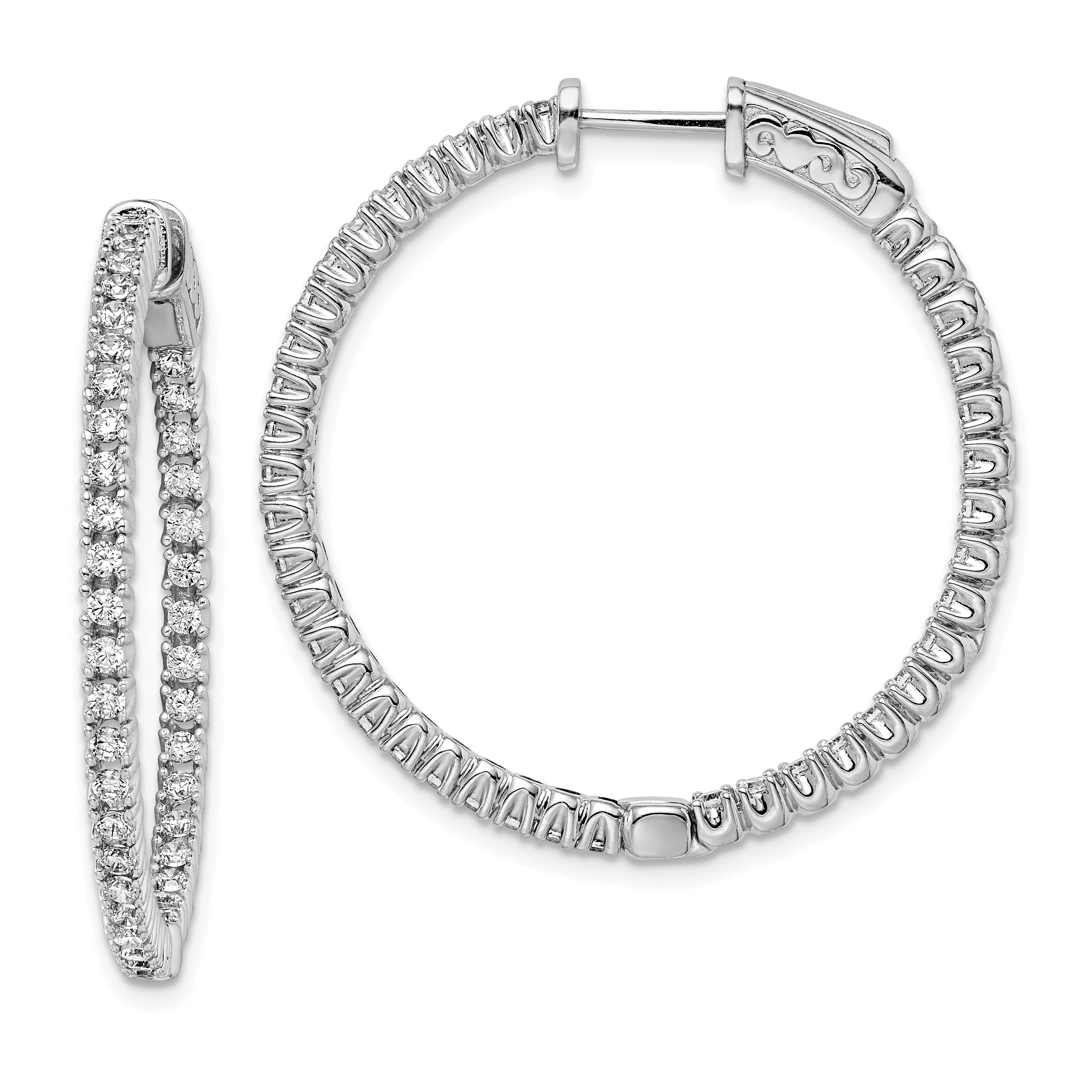 Sterling Shimmer Sterling Silver Rhodium-plated 80 Stone 1.75mm CZ In and Out Round Hinged Hoop Earrings