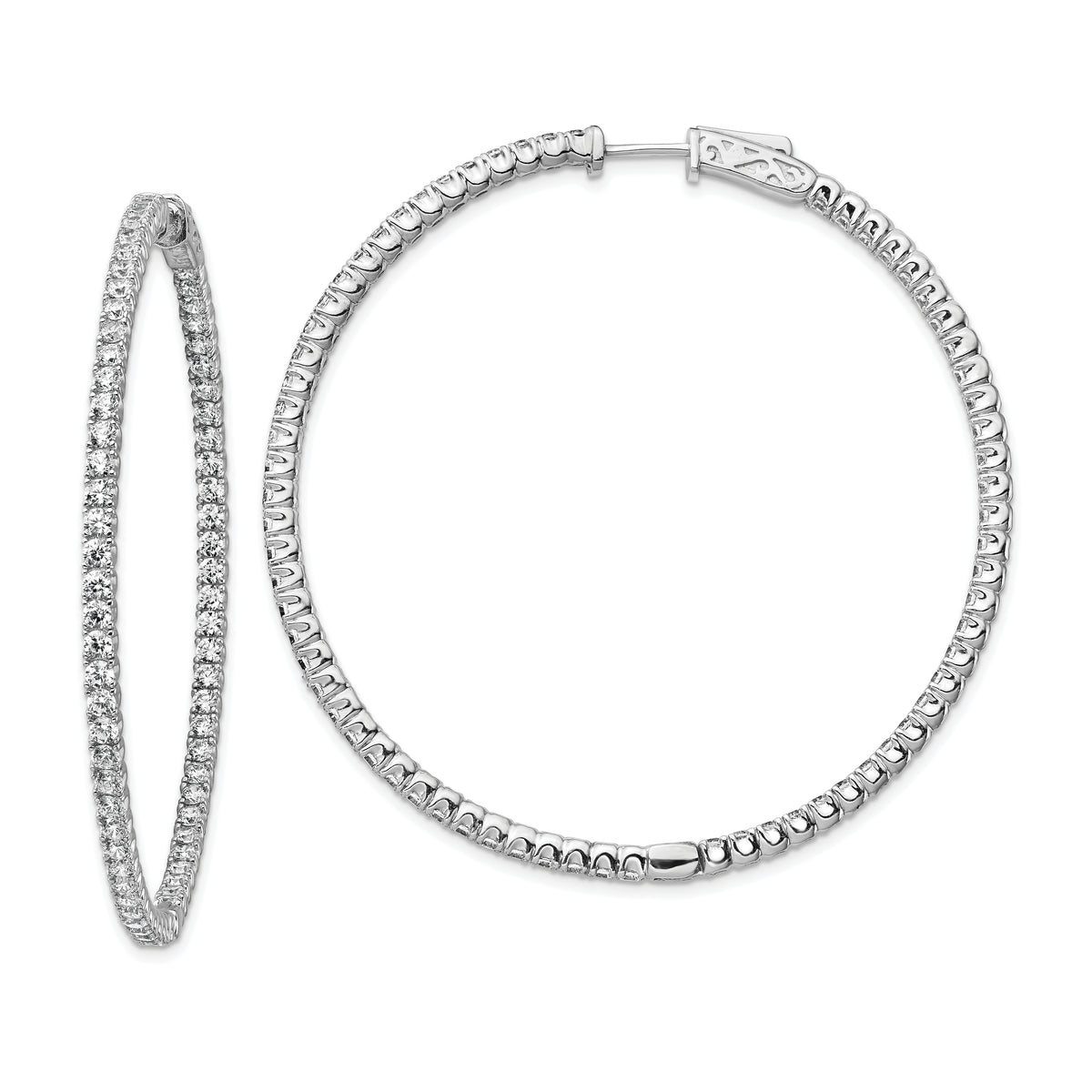 Sterling Shimmer Sterling Silver Rhodium-plated 138 Stone 2mm CZ In and Out Round Hinged Hoop Earrings